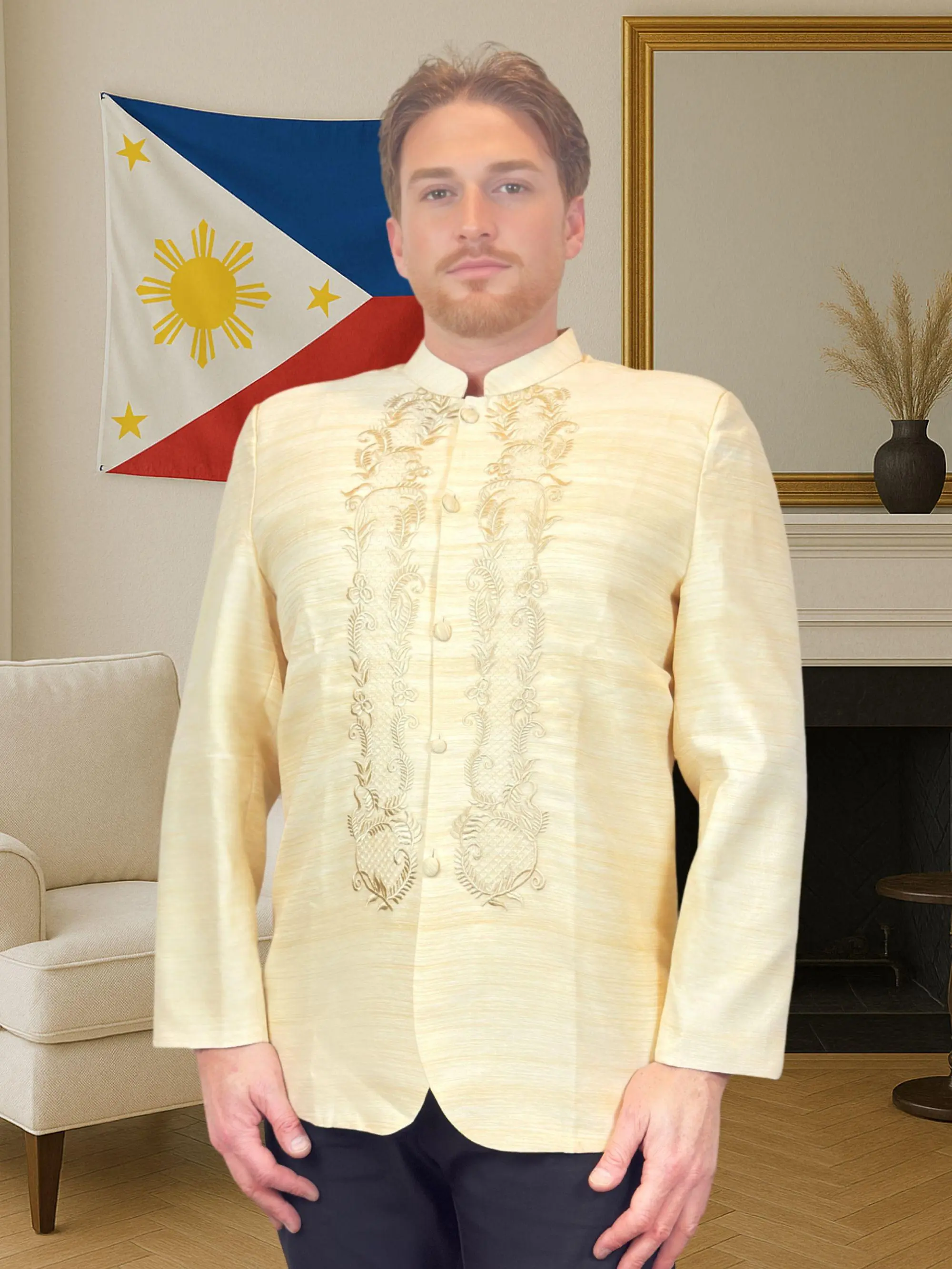 Handmade Kapamilya Filipino Modern Barong Coat for Men Long Sleeve Blazer for Weddings and Formal Wear Cream Premium Fabric Tailored Design with Subtle Shoulder Pads