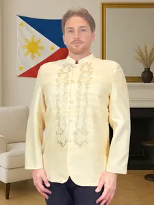 Handmade Kapamilya Filipino Modern Barong Coat for Men Long Sleeve Blazer for Weddings and Formal Wear Cream Premium Fabric Tailored Design with Subtle Shoulder Pads