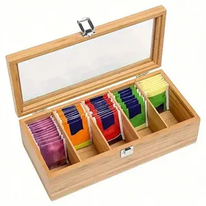 Bamboo Tea Bag Storage Box, Multifunctional Tea Cabinet with Coffee and Tea Shelf, Countertop Organizer and Display Case