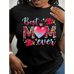 Plus Size Best Mom Ever Graphic T-Shirt - Floral & Star Accents Heart Design, Black Short Sleeve Crew Neck Casual Top for Mothers Day, Spring Summer Comfortable Womens Tee, Mothers Day Gifts for Mom