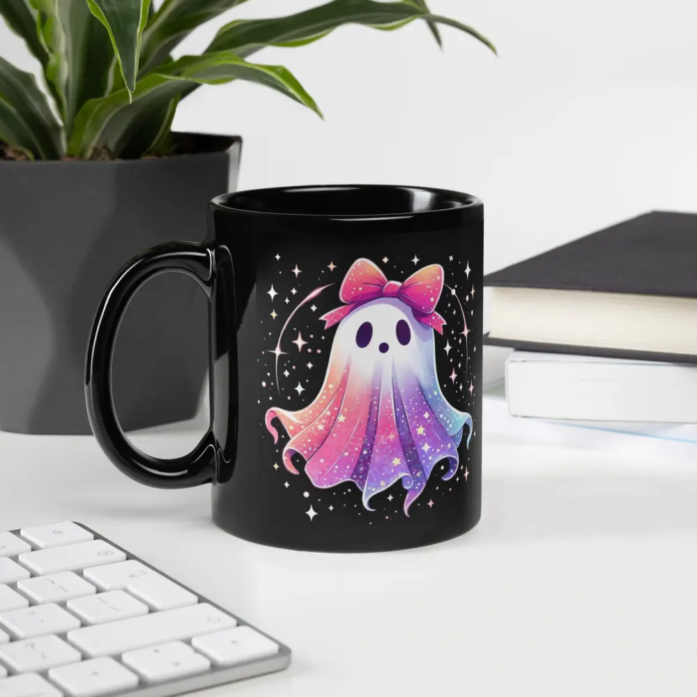 Cute Pastel Ghostie with Bow Black Glossy Mug