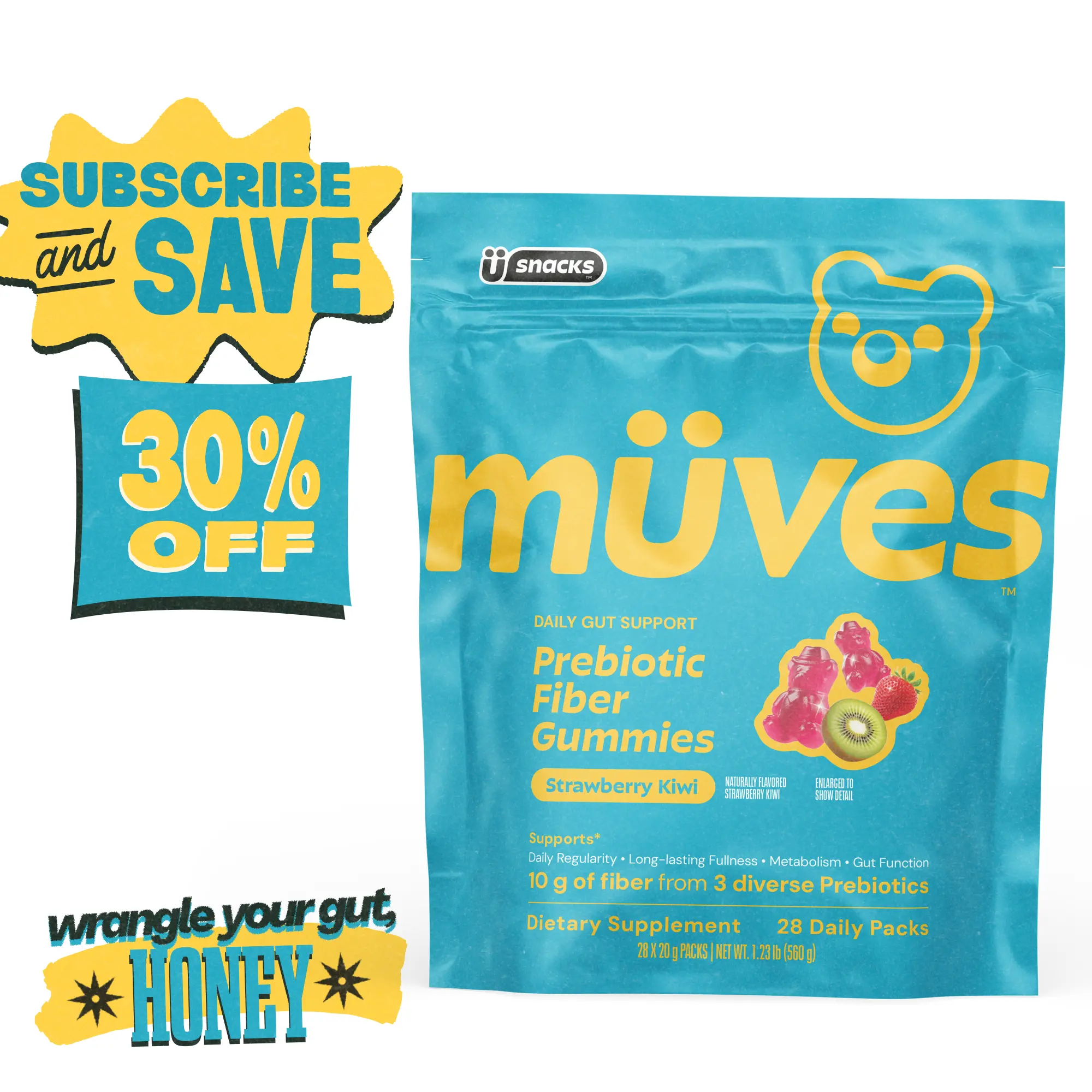 Müves Digestion Support Gummies (Strawberry Kiwi): Prebiotic Fiber Gummies with 10g soluble fiber from 3 prebiotic sources — Inulin, Tapioca Fiber, FOS, Supports Regularity and Gut Health, No Bloat Formula, Gluten Free, Vegan, Third Party Tested
