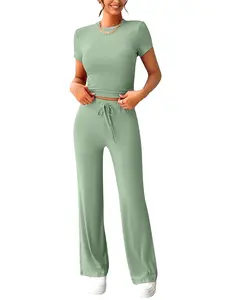 FKEEP Womens 2 Piece Lounge Outfits Sets - Slim Short Sleeve Crop Top & Straight Leg Pants Tracksuit - Casual Yoga Sweatsuit - Versatile Matching Sets for Gym Travel - Comfortable & Stylish Wear
