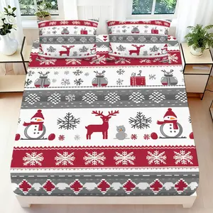 2/3 Pcs 2D Flat Christmas Themed Fitted Sheet Set Snowman Reindeer Snowflake Bedding Set Quilt Cover 1 Fitted Sheet + 1/2 Pillowcases Festive Top Sheet Decorative Bedding Bedroom Decor