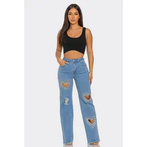 Womenswear Sexy Jeans - Heart Shape Cutout with Rhinestones, Stretchy Fabric, Ideal for Casual Wear - Bottoms