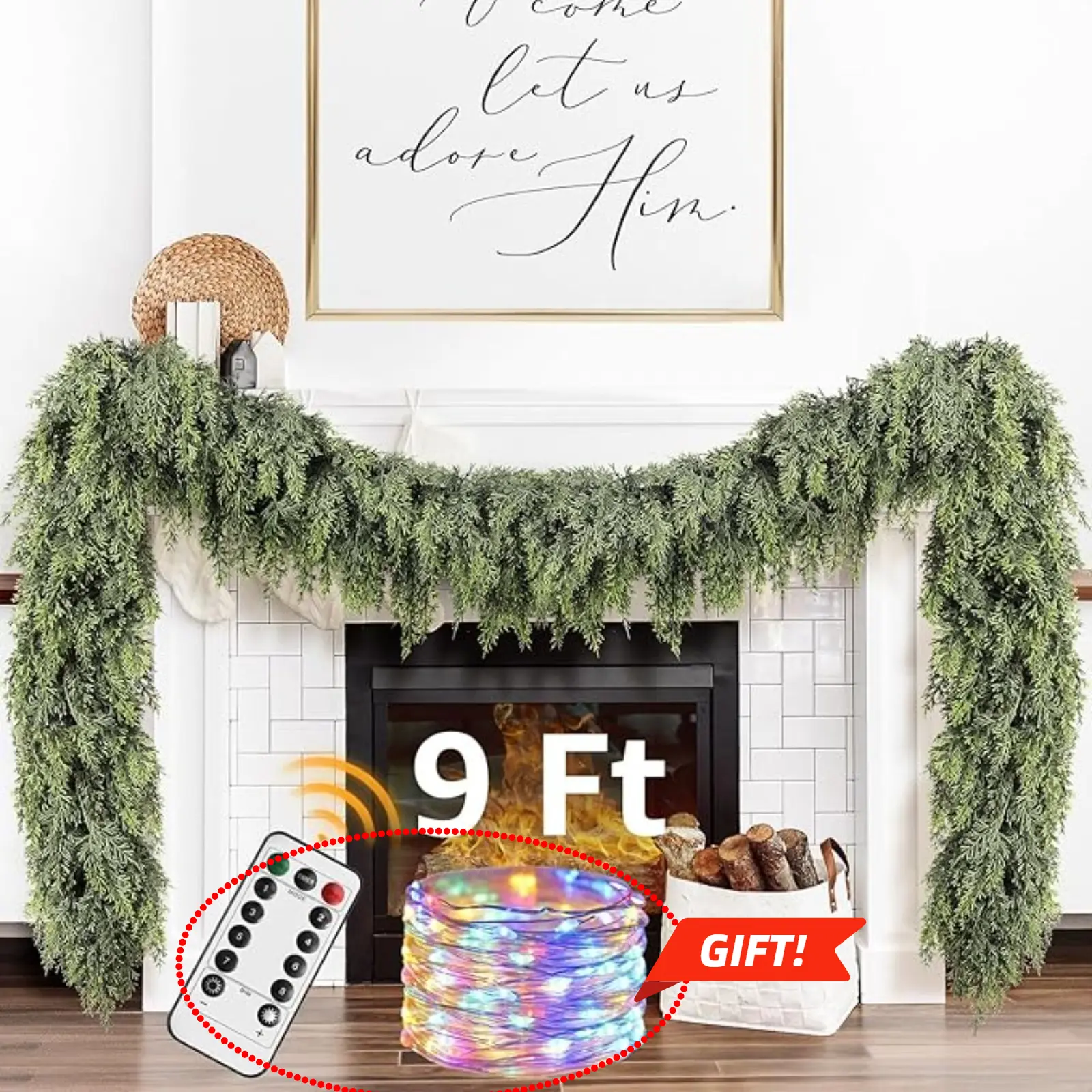 9ft Pre-Lit Christmas Pine Garland with 50 LED Lights Realistic Faux Greenery for Mantle Stair & Fireplace Battery Operated Remote Control Indoor Outdoor Decorations, Get Free Gift