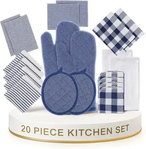 Flour Sack Towels & Kitchen Towel Set 20 Pc - Premium Cotton Tea Towels for Bread Baking, Super Absorbent Dish Cloths for Washing Dishes, Multipurpose Kitchen Rags & Oven Mitt Set - Indigo