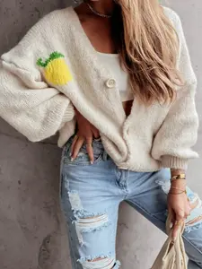 Women's Cute Lemon Pattern Loose Knit Cardigan, Long Sleeve V Neck Front Button Sweater Coat, Vintage Y2K Casual Sweet Fashion