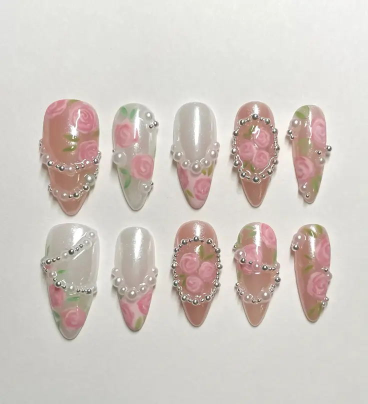Coquette Rose Pearl Press On Nails | Handmade Floral Nails | Romantic Pink Rose Nail Art | Luxury Pearl Almond Press-On Nails with Gift Set (Adhesive Tabs, Nail File, Cuticle Stick)
