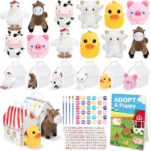 31 Pieces Adopt Farm Animal Party Favors 12 Mini Plush Pet Farm Animals with Keychain Include Adopt a Puppy Sign DIY White House, Paint Brushes Stickers for Birthday DIY Craft Party Gifts