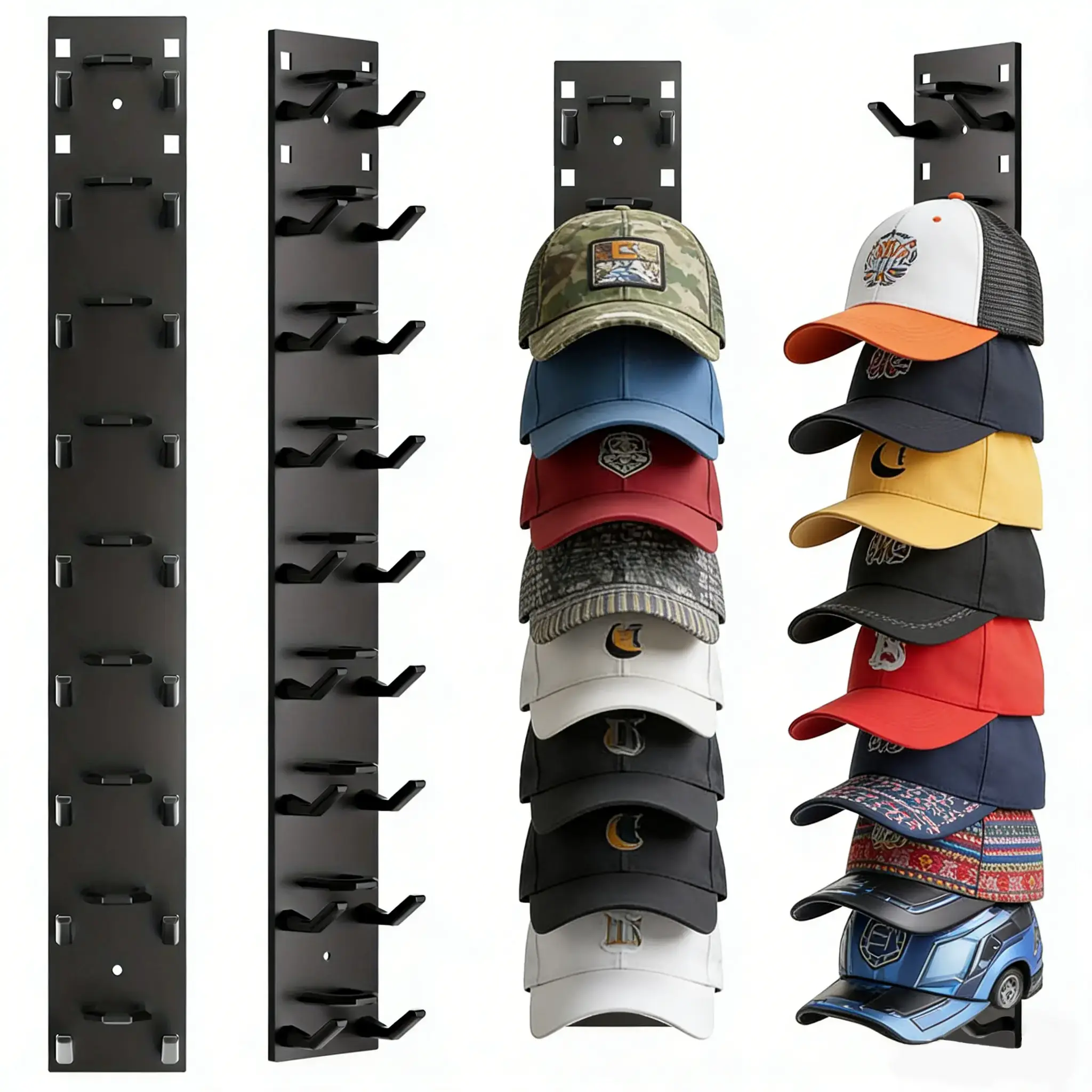 Hat Hook for Wall 2 Pack Hat Organizer Holds Up to 18 Hats with Strong Adhesive and 8 Screws Cap Holder for Closet Door and Bedroom - Decor Key Hook Wall Mounted Shelf（Black/White）