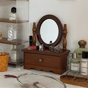 Rotatable Makeup Mirror Desktop Storage Box, Desktop Organizer Bins, French Vintage Wooden Vanity Mirror, Bedroom Table Organizer, Desk Cosmetic Mirror Cabinet, Makeup Tray
