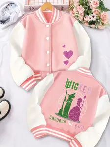 4-14 Years Girls Short Baseball Jacket, Sweet and Design, Heart Decoration, Wicked Theme Silhouette, Casual Stylish Outerwear for Spring & Fall