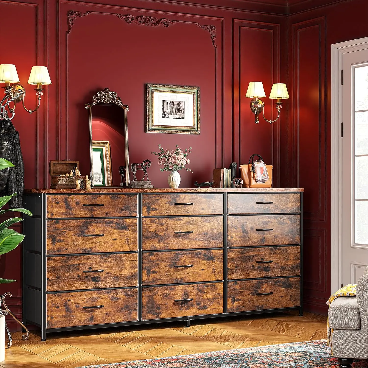 Raybee 55" Dresser with 12 Fabric Drawers - Stylish Entertainment Center for 60 inch TV, Large Storage Organizer with Metal Frame & Wood Top, Modern Fabric Storage Tower for Living Room & Bedroom