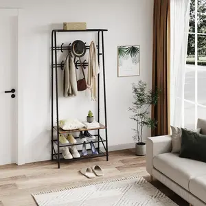 Entryway Hall Tree with Storage, Coat Rack Shoe Bench with 10 Hooks, 4-in-1 Metal Frame Hallway Organizer, Freestanding Industrial Accent Furniture for Living Room Bedroom, Rustic Brown