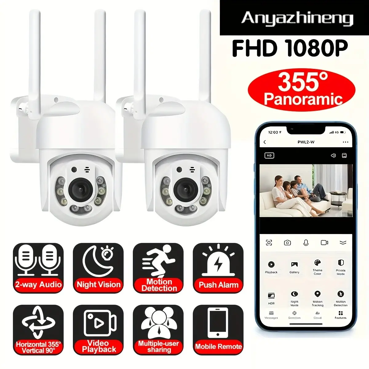 1080P Wireless Security Camera, Outdoor/indoor 2.4GHz WiFi, 360° Panoramic, Motion Detection, Two-Way Audio, Night Vision, APP Control, WiFi Cameras