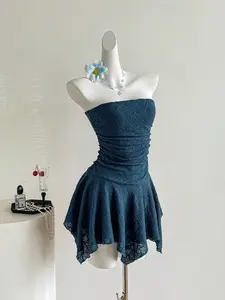 Y2K Blue Mini Dress Asymmetrical Strapless Tube Top - Date Night Outfit