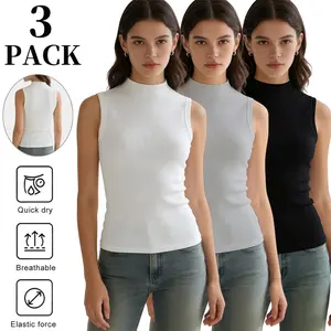 Womens Mock Neck Sleeveless Tank Top Ribbed Fitted Basic Top 3 Pack Quick Dry Breathable Elastic Force Sporty T Shirt for Everyday Wear