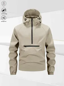Men's Hooded Half Zip Jacket Simple Outdoor Style with Hood Design, Comfortable Fit, Easy On and Off with Half Zipper, Chest Pocket for Small Items, Sleek Silhouette, Perfect for Lightweight Activities like Camping and Urban Commuting, Suitable for Men