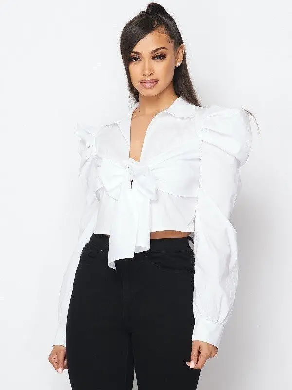 Bow Tie Neck Blouse Top Womenswear Basic Long Sleeve Casual Bubble Shirt classy  Black  Women's