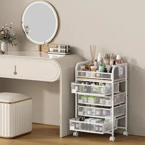 Makeup Organizer with 4 Drawers, Skincare Storage, Floor Skincare Organizers with Wheels Nameplates,Vanity Cosmetic Holder for Perfume, Nail Polish, Brushes, White