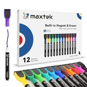 maxtek Magnetic Whiteboard Markers - 12 Count Colorful Fine Tip Dry Erase Markers with Eraser for Kids, Low Odor Thin Markers for Calendar Boards