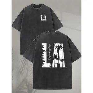 valentine shirts Men's Vintage Palm Tree Graphic T-Shirt - 230GSM Heavy Washed Cotton Short Sleeve Shirt, Double-Sided Retro California Beach Design for Streetwear, Outdoor & Travel, Loose Fit Casual Tee