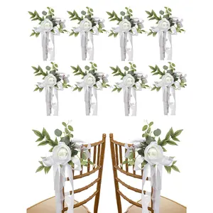 12/6PCS Wedding Aisle Chair Decorations Pew Flowers, Rose Floral Wedding Chair Back Flowers With Leaves And Ribbons,  Chair Bench Pew Flowers For Wedding Ceremony Decor Decorative Fruit Plants Ornaments White