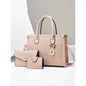 Elegant 3-Piece Handbag Set, Large Capacity Zipper Closure, Stylish Plaid Pattern, Includes Coin Purse & Card Holder, Handbag Wallet Set