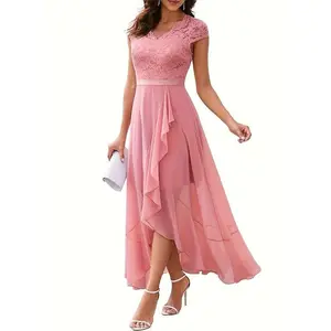 Women's Elegant V-Neck Floral Lace Formal Dress - Polyester Fabric Style Formal Wear, Asymmetrical Swing Elegant Evening Gown with Belt, Comfortable for Party Banquets