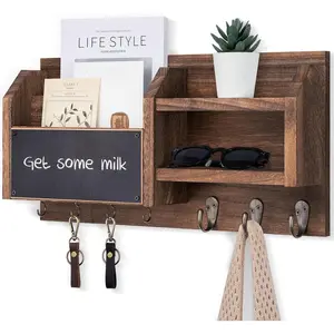 Mail and Key Holder – Wall Mount Key Hanger with Shelf and 7 Metal Hooks – Decorative Natural Paulownia Wood Entryway Organizer with Mounting Hardware (16.5"W x 8.7"H x 3.5"D) (Brown)