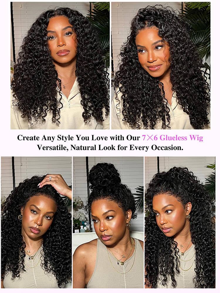 [Glueless] Mihugass 7x6 Glueless Burmese Curly Wave Human Hair Wig Natural Black 200% Density Deep & Water Wave with Drawstring Ready to Wear Glueless Wig 100% Human Hair Wig Pre Plucked Pre Cut HD Lace Closure Wig