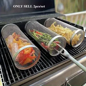 2pcs/set, Stainless Steel BBQ Cage, Grill Cage, Outdoor Grilling, Camping, Grill Accessories, Barbecue Utensils, Gifts For Men Dad Boyfriend, Halloween Christmas Party Supplies Vacation Essential