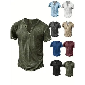 Men's Distressed Henley Shirt - Slim Fit Short Sleeve Button-Up Cotton T-Shirt with V-Neck & Placket Detailing, Machine Washable Casual Shirt in Olive Green, Black, Blue, Burgundy, Sporty Apparel |   Athletic Style |   Comfortable Tee