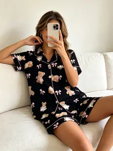 Women's Short Sleeve Button Down Top and Shorts Pajama Set, Spring Summer Wear, For Y2K Style Lovers, Black Base Y2K Teddy Bear Print, Classic Lapel Collar, Loose Fit, Comfortable For Parties & Photos
