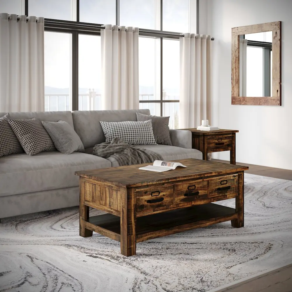 Cannon Valley Distressed Industrial Three Drawer 48" Coffee Table