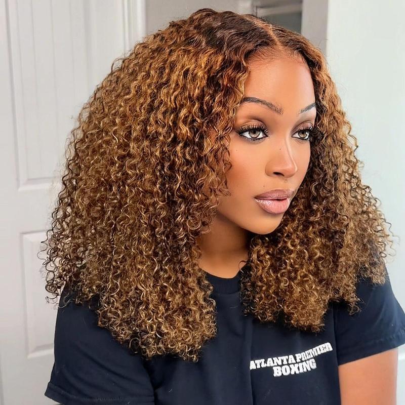 Ombre Highlight Wear and Go Glueless Wig Kinky Curly 4/27 Honey Blonde Glueless Wigs Human Hair Pre Plucked Pre Cut 7x5 Lace Frontal Ready to Wear Wig