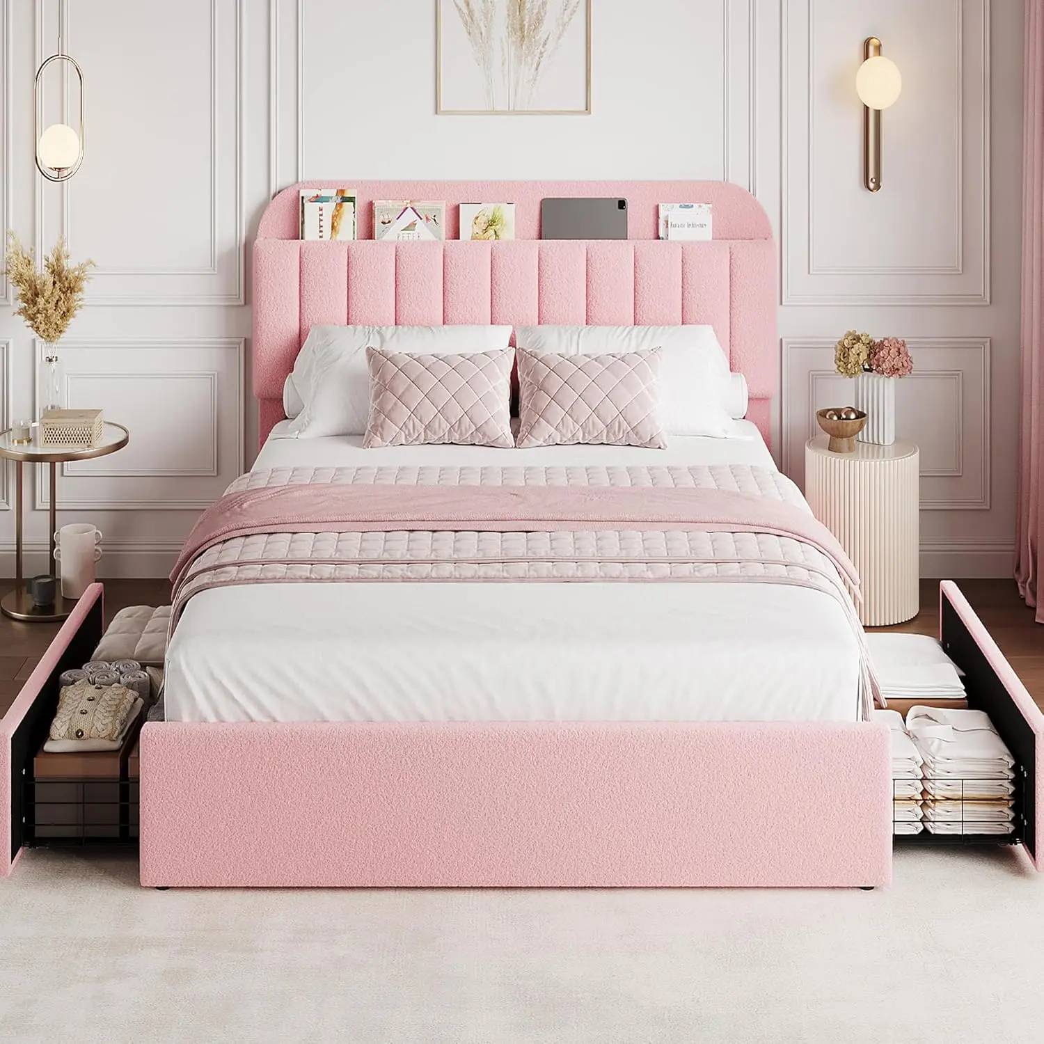 Sturdy Upholstery Full Bed Frame with Boucle Fabric, Storage Headboard, 2 Drawers, Bookcase, No Box Spring Needed, Easy Assembly, Pink Girls Bed Frame, Sturdy Bed Frame, Upholstery Bed Frame
