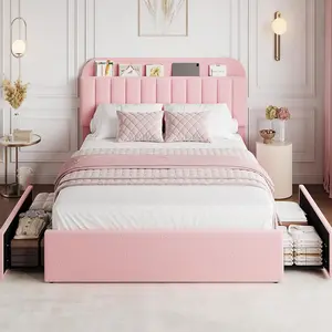 Sturdy Boucle Fabric Full Bed Frame with Storage Headboard, 2 Drawers, Bookcase & Storage Space, No Box Spring Needed, Easy Assembly, Pink Girls Bed Frame