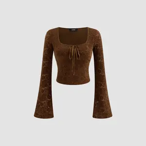 Cider [size 2-26] Lace Square Neck Floral Knotted Bell Sleeve Crop Top