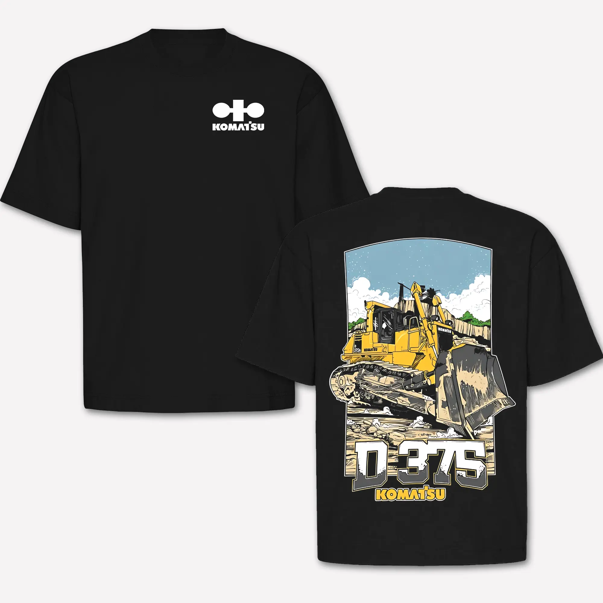 Komatsu D375 Bulldozer Heavy Equipment T-Shirt, D375 Dozer Graphic Tee, Construction Equipment Operator Shirt, Bulldozer Driver Gift, Excavation Contractor Apparel, Diesel Machinery Workwear, Komatsu Logo Front & D375 Back Print, Heavy Machine Lover Tee