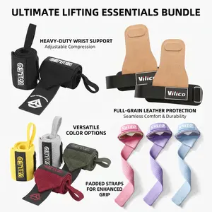 Gym Lifting Support Set with Lifting Straps, Wrist Wraps and Leather Grip Pads。  Wrist Straps for Weightlifting, Double Layered Leather Weight Lifting Wrist Straps for Deadlift and Powerlifting。 Wrist Lifting Straps, Essential Sports Traini