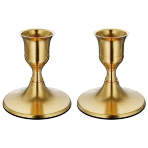 Brass Gold Taper Candle Holders Set of 2, Vintage Metal Candlestick Holders for Dinner Room Table Centerpiece or Mantel Wedding Party Decor