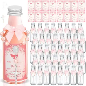 24 Sets Catholic Holy Water Bottle Baptism Rosary Set Baptism Favors 1.7oz Christian Water Container Empty Glass Holy Water Bottle for Easter Party Church Wedding Table Newborn (Pink)