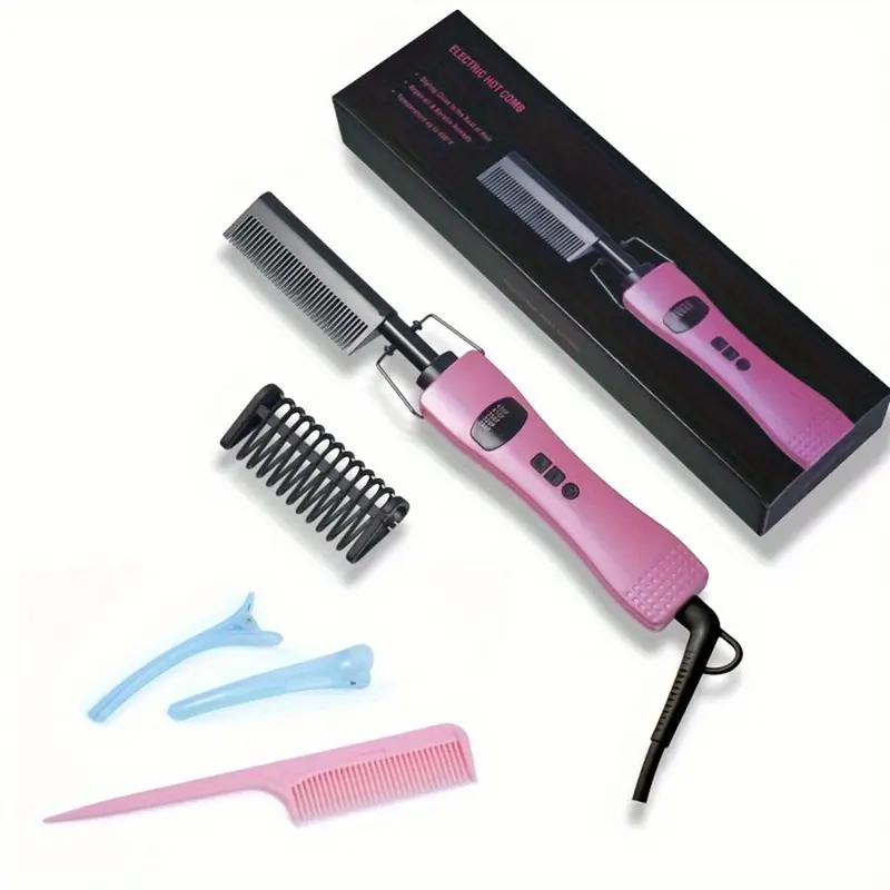 Electric Heated Hair Straightener Kit, Including 1 Count Hair Straightening Comb, 1 Count Protective Case, 2 Counts Hairpin, 1 Count Small Comb, Professional Hair Styling Tool for Women & Men