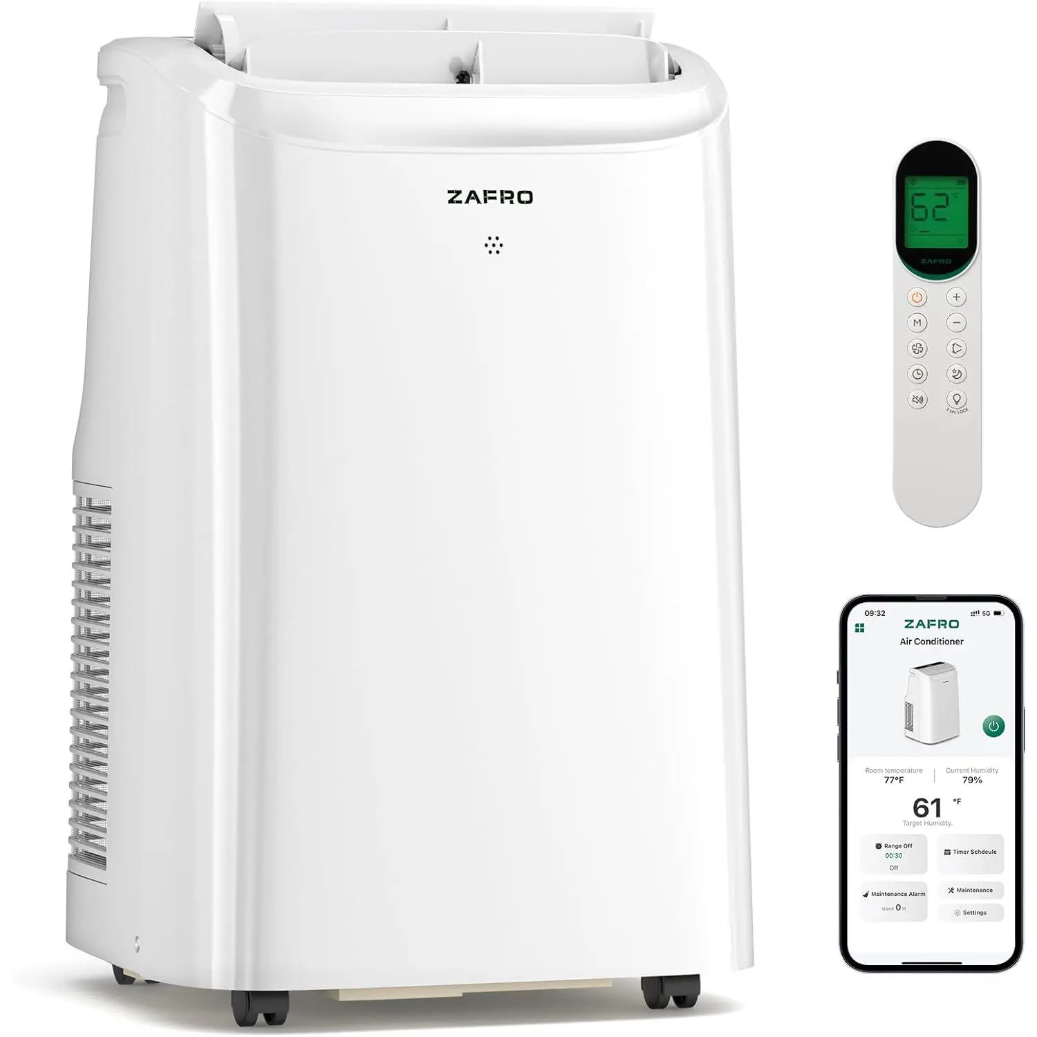 ZAFRO Portable AC - 12000 BTU (8000 BTU SACC), Low Maintenance, Adjustable Temperature, Smart Climate Control, Fan, Dehumidifier, 24H Timer, APP/WiFi Remote, Intuitive LED Display, Quick Setup for Bedroom, Office