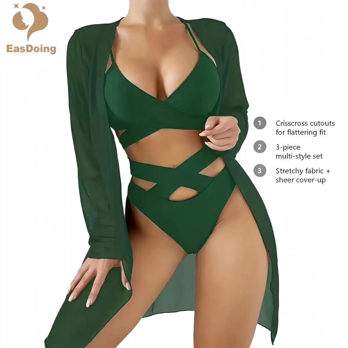 EasDoing Women's 3 Piece Bikini Set, Solid Criss Cross Swimsuit with Mesh Kimono Cover-Up, High Waisted Cutout Bottom, Swimsuit For Women, Women's Swimsuits