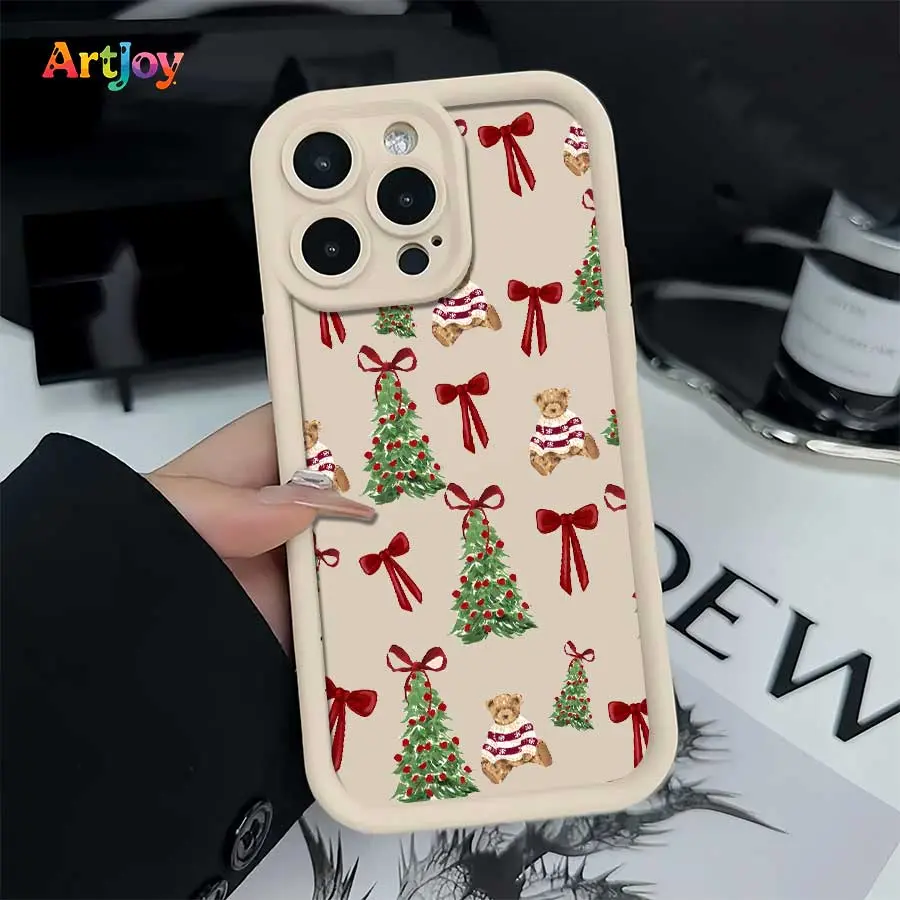 Soft Shell Shockproof Phone Case for Multiple iPhones - All-Over Print Sweater Bear, Christmas Tree & Bow Minimal Illustration, Festive Eye-Catching Protective Cover for iPhone 17 Pro Max,16,16 Plus,15,14,13,12 - Ideal Holiday Gift