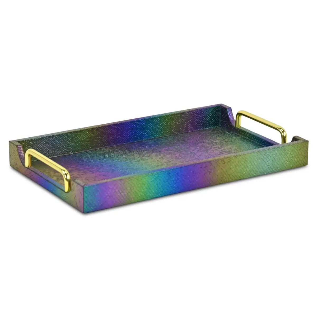 Cheungs 6183RNB Rectangular Rainbow Nimue Seascale Pattern Iridescent Metal Tray with Gold Hardware, Kitchen & Tableware for Coffee & Plates