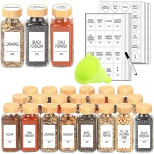 24 Pcs Glass Labels, 8 oz Bamboo Lids, Empty Spice Bottles with Shaker Lids, Spice Containers with 366 White Spice Labels, Chalk Marker, Funnel Set